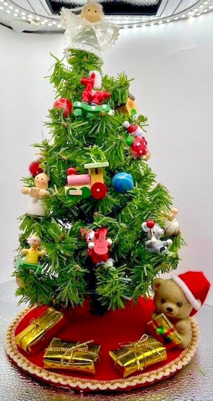 Vintage Smile Tiny Christmas Tree with Ornaments Hand Made 12"x6"